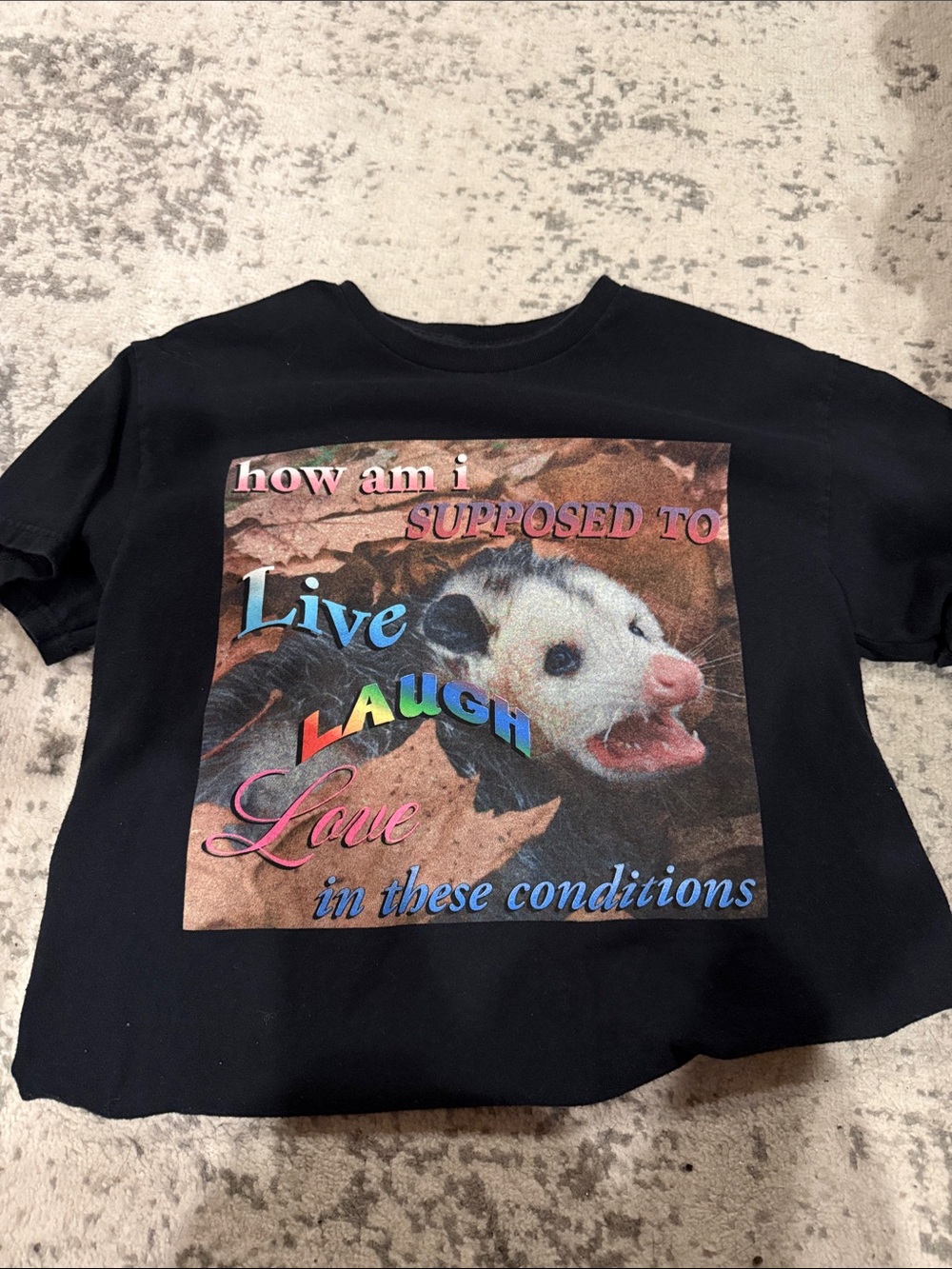 Hot Topic Black Graphic Tee with Colorful 'Live Laugh Love' Opossum Print